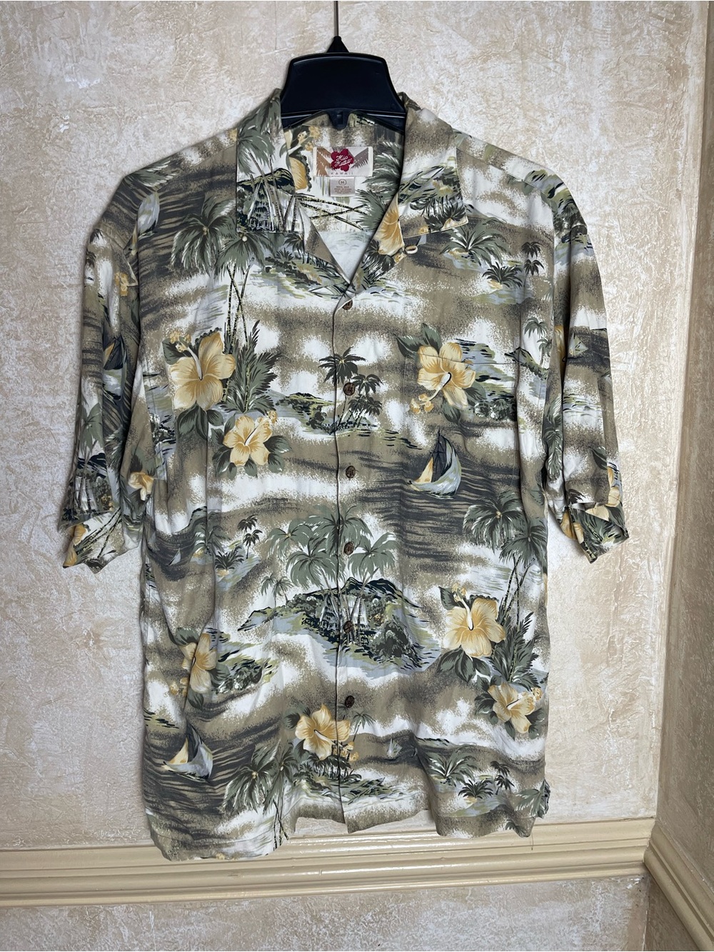 Kilo Khatt Hawaii Mens M Neutral Tropical Palm Silk Short Sleeve Button Shirt